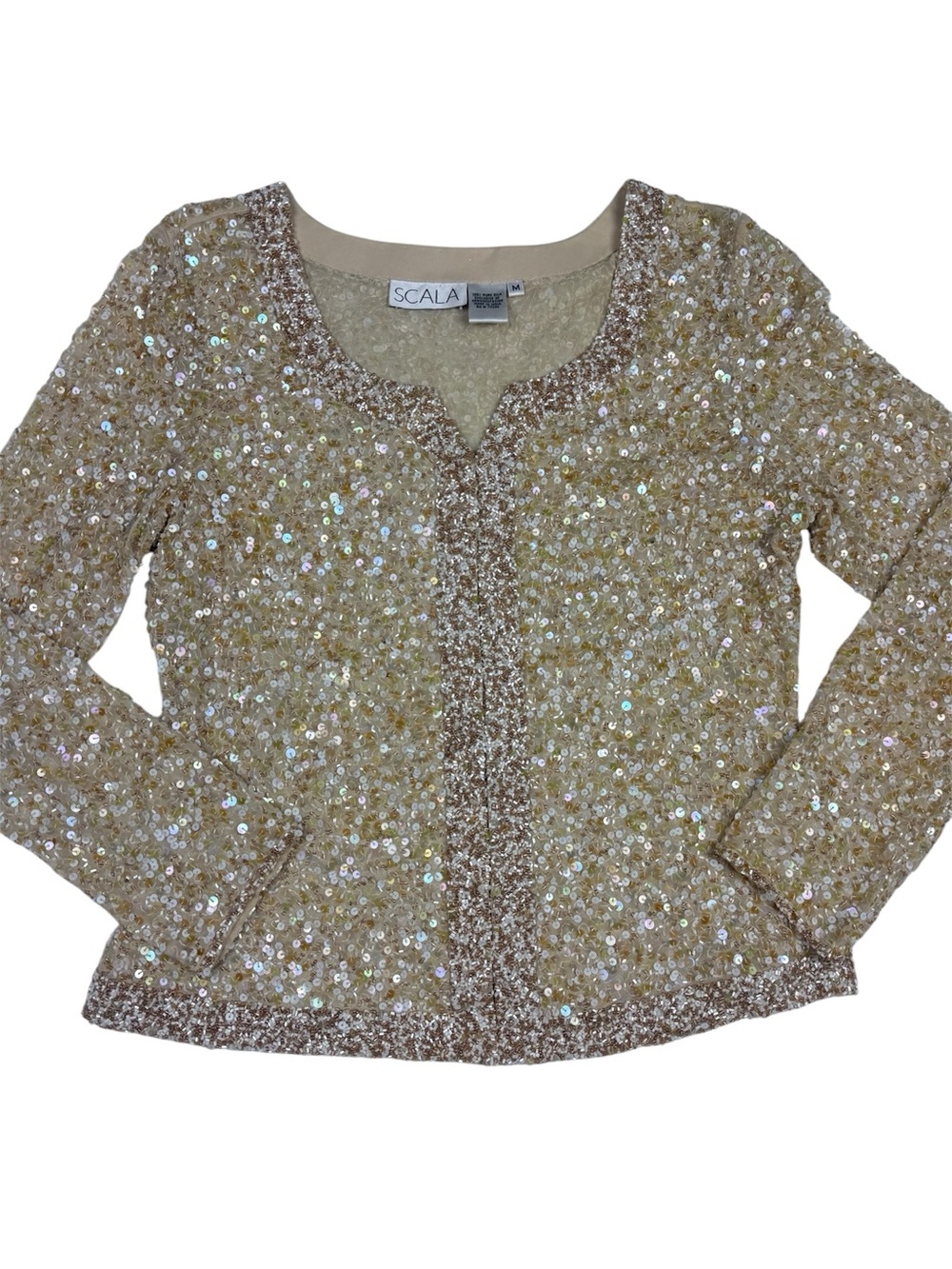 Scala Iridescent Sequin Cardigan in Champagne Gold